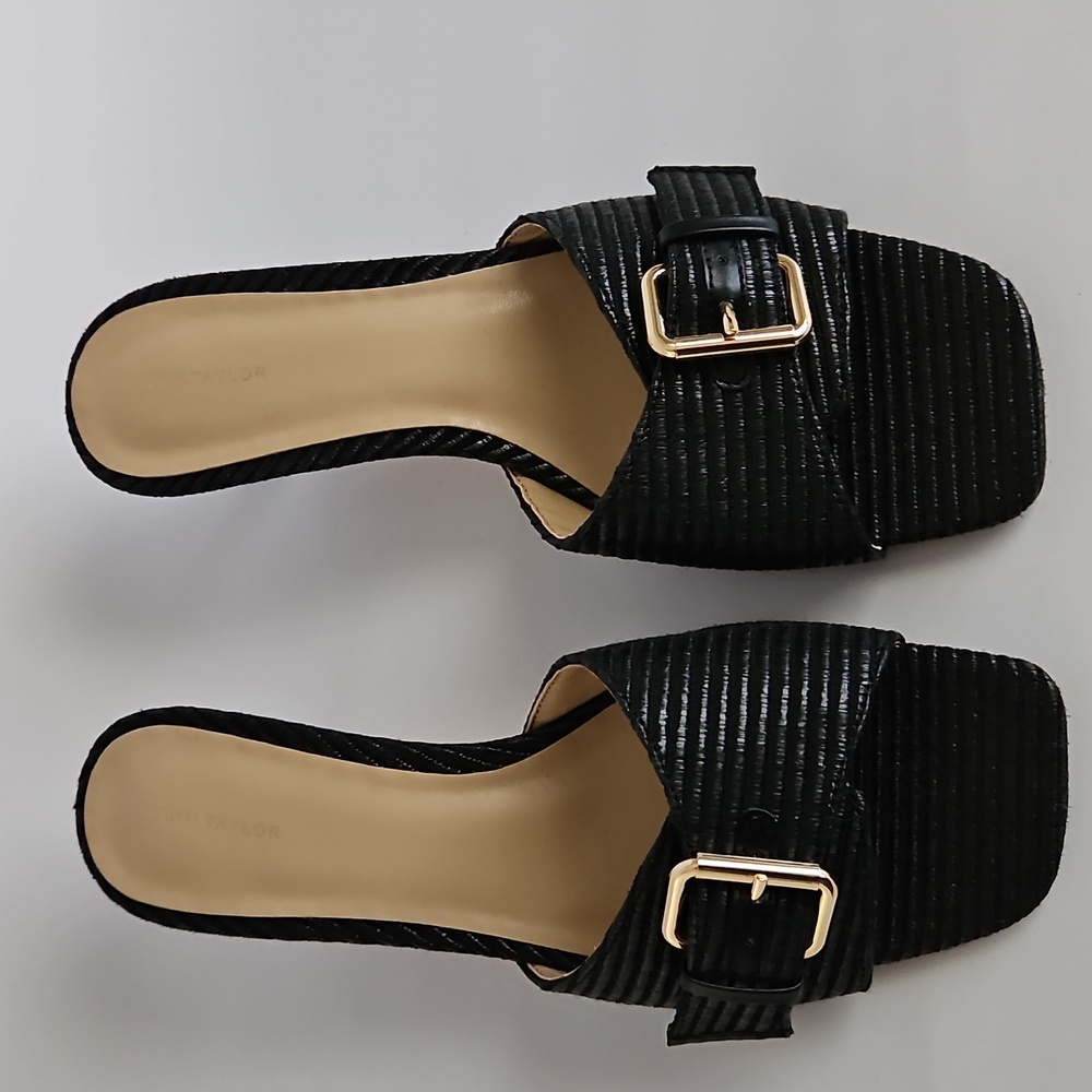 NEW Ann Taylor Black Gold Buckle Slide Kitten Heel Sandal Size 9.5 - Picture 5 of 17